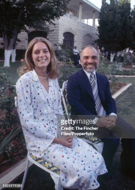 Formal engagement photograph of King Hussein of Jordan and Lisa Halaby, later Queen Noor al Hussein, at the Royal Palace in Amman on 14th May 1978.