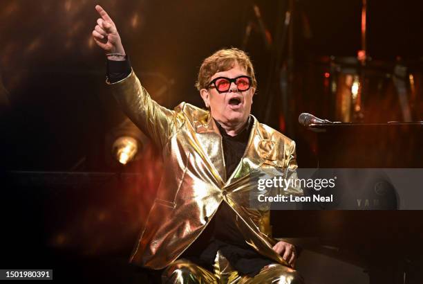 Sir Elton John performs on stage during Day 5 of Glastonbury Festival 2023 on June 25, 2023 in Glastonbury, England.