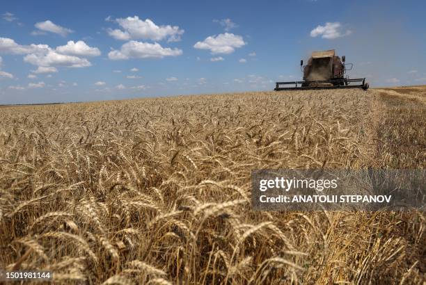 Combine harvests wheat on a field near Novosofiivka village, Mykolaiv region on July 4, 2023. Ukraine was one of the world's top grain producers, and...