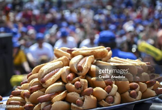 Hot dogs prepared for participants for Nathan's Famous International Hot Dog Eating Contest in Coney Island of Brooklyn borough, New York City,...