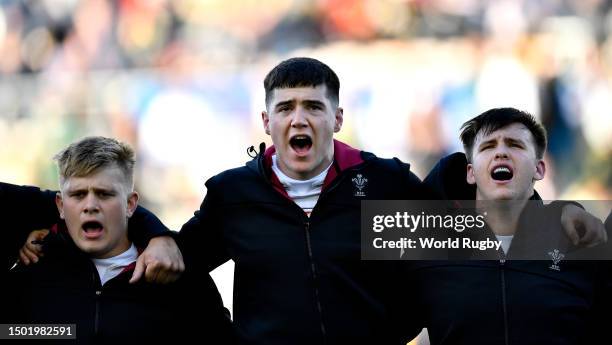 Wales U20 players singing the national anthem during the World Rugby U20 Championship 2023, group A match between France and Wales at Athlone Stadium...