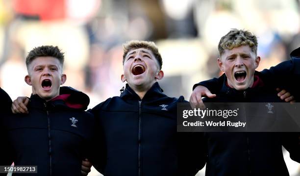 Wales U20 players singing the national anthem during the World Rugby U20 Championship 2023, group A match between France and Wales at Athlone Stadium...