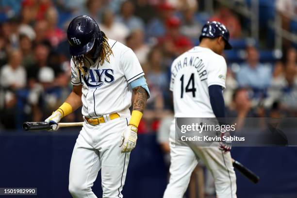 Jose Siri of the Tampa Bay Rays reacts after striking out during the seventh inning against the Philadelphia Phillies at Tropicana Field on July 4,...