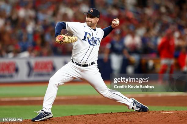 Jalen Beeks of the Tampa Bay Rays delivers a pitch during the eighth inning against the Philadelphia Phillies at Tropicana Field on July 4, 2023 in...