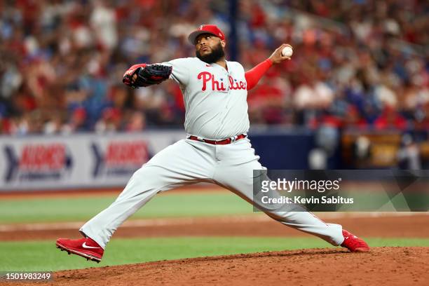 Jose Alvarado of the Philadelphia Phillies delivers a pitch during the eighth inning against the Tampa Bay Rays at Tropicana Field on July 4, 2023 in...