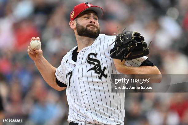 Lucas Giolito of the Chicago White Sox pitches in the first inning against the Toronto Blue Jays at Guaranteed Rate Field on July 4, 2023 in Chicago,...