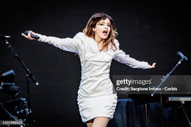 Lauren Mayberry of Chvrches opens for Coldplay at Stadio San Siro, on June 25, 2023 in Milan, Italy.
