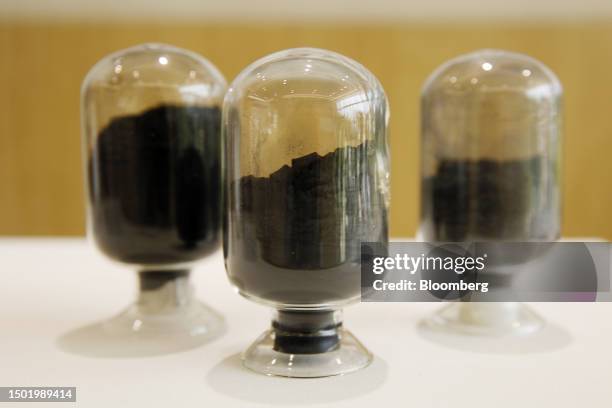 Jars of silicon oxide for battery anodes on display at the Daejoo Electronic Materials Co. Offices in Siheung, South Korea, on Thursday, June 22,...