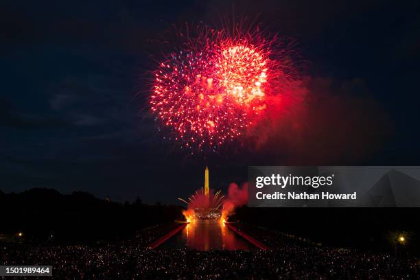 Fireworks erupt over the Washington Monument during the Independence Day fireworks display along the National Mall on July 4, 2023 in Washington, DC....