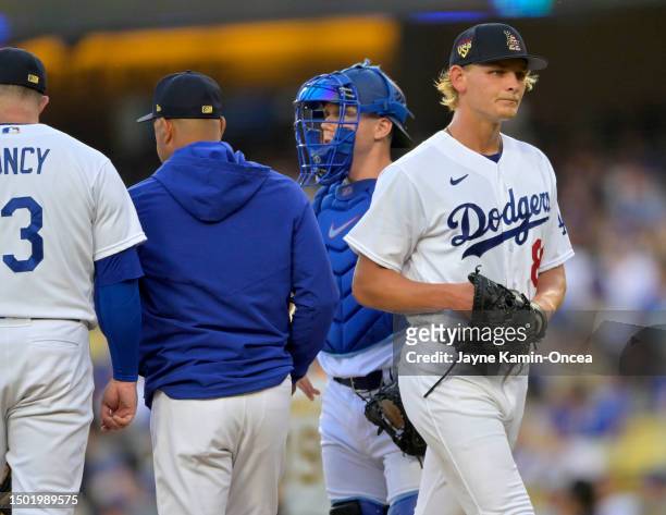 Emmet Sheehan walks to the dugout after he was pulled by manager Dave Roberts of the Los Angeles Dodgers in the fourth inning against the Pittsburgh...