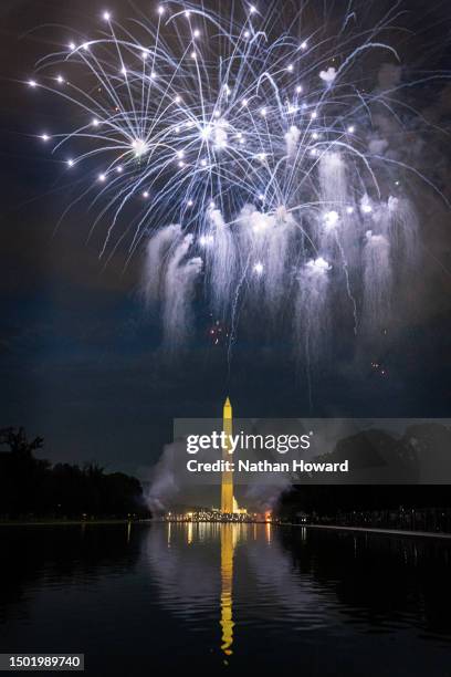 Fireworks erupt over the Washington Monument during the Independence Day fireworks display along the National Mall on July 4, 2023 in Washington, DC....