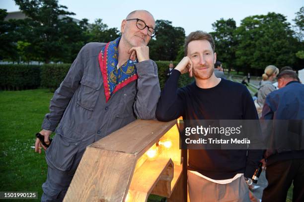 Louis Klamroth and his father Peter Lohmeyer at the German Producers Alliance Party 2023 at Tipi am Kanzleramt on July 4, 2023 in Berlin, Germany.
