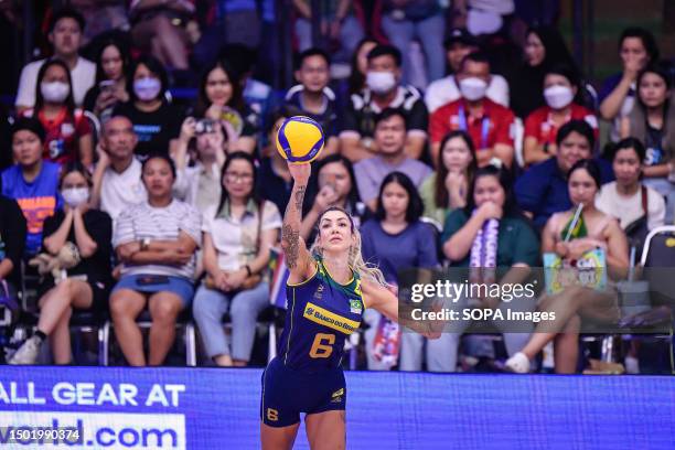 Thaísa Menezes of Brazil seen in action during the FIVB Volleyball Women's Nations League between Thailand and Brazil at Hua Mak Indoor Stadium....