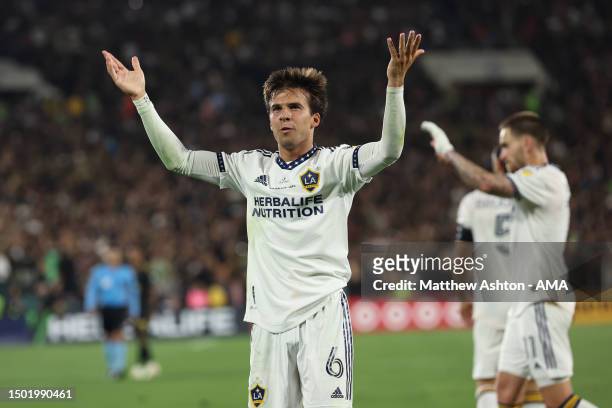 Riqui Puig of LA Galaxy celebrates after scoring the winning goal to make it 2-1 during the MLS game between LA Galaxy and LAFC at Rose Bowl Stadium...