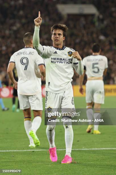 Riqui Puig of LA Galaxy celebrates after scoring the winning goal to make it 2-1 during the MLS game between LA Galaxy and LAFC at Rose Bowl Stadium...