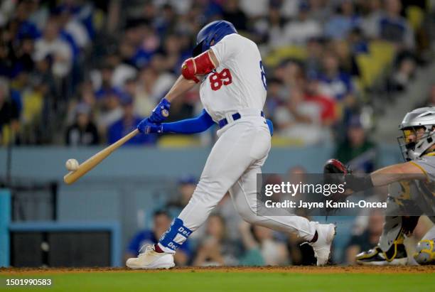 Jonny Deluca of the Los Angeles Dodgers hits his first MLB home run, a solo shot as a pinch hitter in the eighth inning against the Pittsburgh...