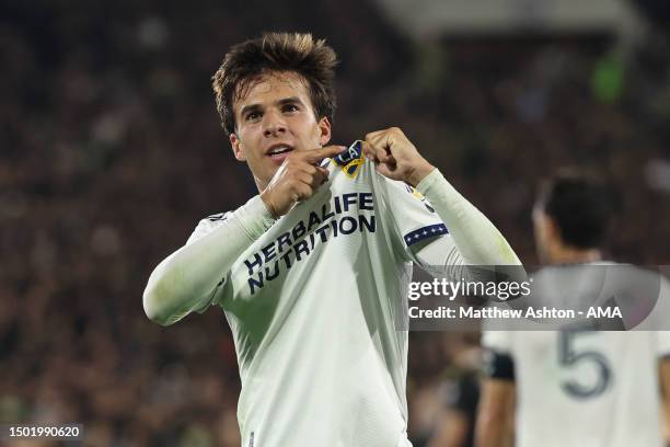 Riqui Puig of LA Galaxy celebrates after scoring the winning goal to make it 2-1 during the MLS game between LA Galaxy and LAFC at Rose Bowl Stadium...