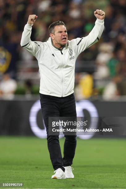 Greg Vanney the head coach / manager of LA Galaxy celebrates the 2-1 victory during the MLS game between LA Galaxy and LAFC at Rose Bowl Stadium on...