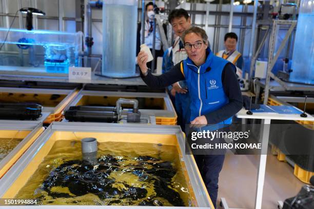 Rafael Grossi , Director General of the International Atomic Energy Agency , holds an empty bottle after he fed flounder in a fish tank filled with...