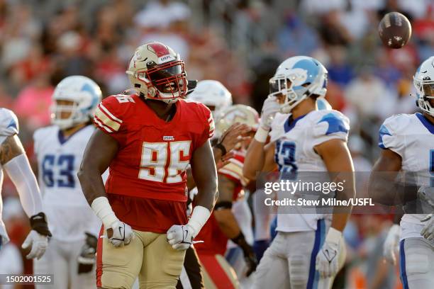 Willie Henry of the Birmingham Stallions celebrates a defensive stop against the New Orleans Breakers during the second quarter in the USFL South...