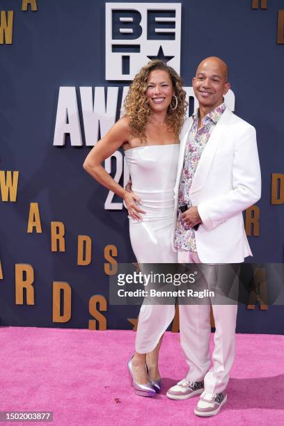 Chanda Gibson and President and Chief Executive Officer of BET Media Group Scott M. Mills attends the BET Awards 2023 at Microsoft Theater on June...