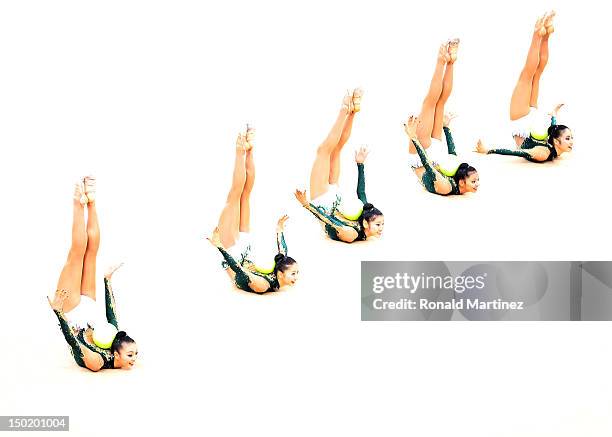 Japan perform with the ball during the Group All-Around Rhythmic Gymnastics Final Rotation on Day 16 of the London 2012 Olympic Games at Wembley...