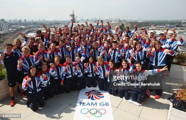 Great Britain medalists pose during a TEAM GB Press Conference during Day16 of the London 2012 Olympic Games at Team GB house on August 12, 2012 in...