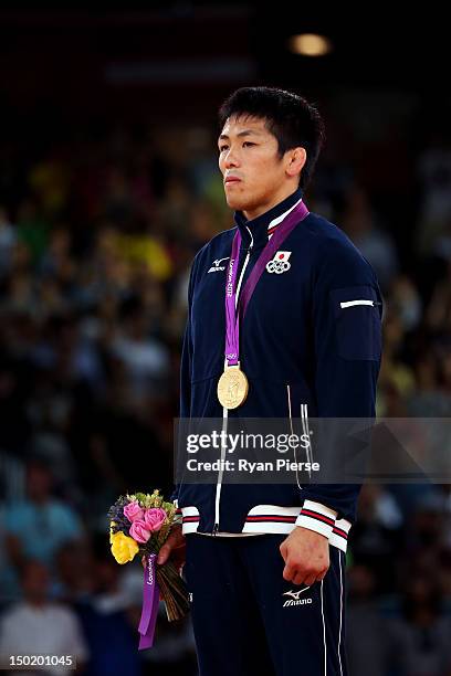 Tatsuhiro Yonemitsu of Japan celebrates with his gold medal during the medal ceremony following the Men's Freestyle 66 kg Wrestling gold medal fight...