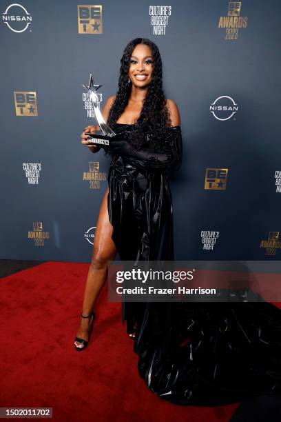 Coco Jones, winner of the Best New Artist award, poses in the press room during the BET Awards 2023 at Microsoft Theater on June 25, 2023 in Los...