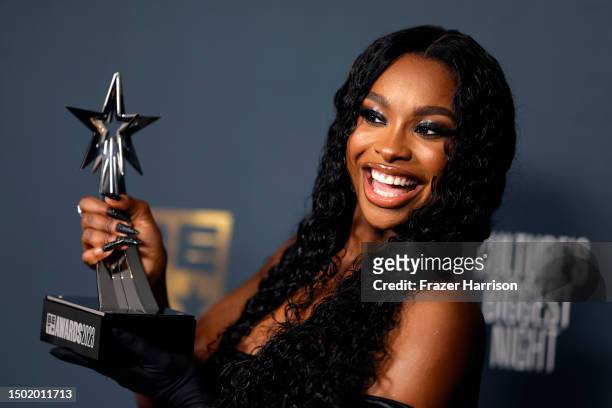 Coco Jones, winner of the Best New Artist award, poses in the press room during the BET Awards 2023 at Microsoft Theater on June 25, 2023 in Los...