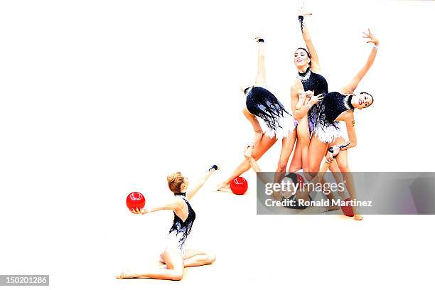 Spain perform with the ball during the Group All-Around Rhythmic Gymnastics Final Rotation on Day 16 of the London 2012 Olympic Games at Wembley...