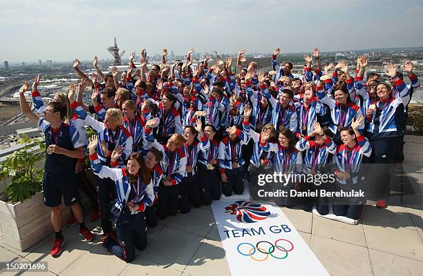 Great Britain medalists pose during a TEAM GB Press Conference during Day16 of the London 2012 Olympic Games at Team GB house on August 12, 2012 in...