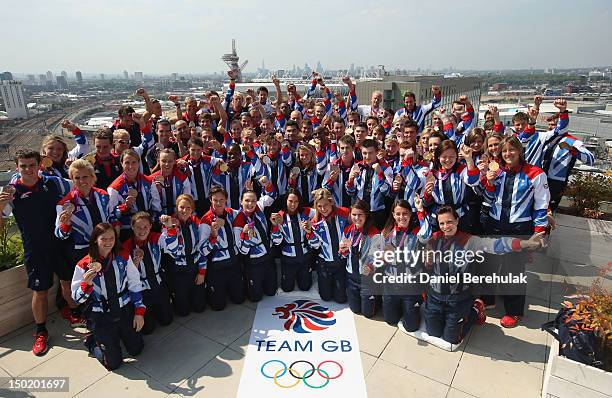 Great Britain medalists pose during a TEAM GB Press Conference during Day16 of the London 2012 Olympic Games at Team GB house on August 12, 2012 in...