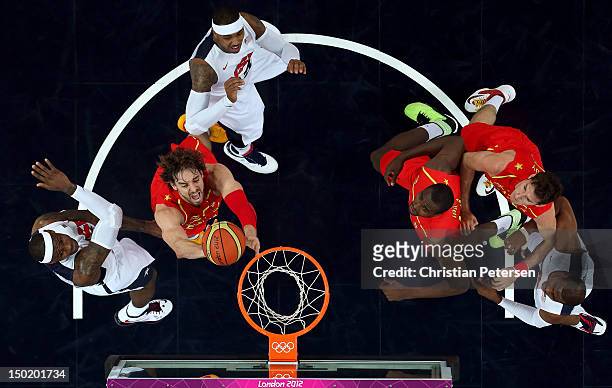 Pau Gasol of Spain drives through traffic during the Men's Basketball gold medal game between the United States and Spain on Day 16 of the London...