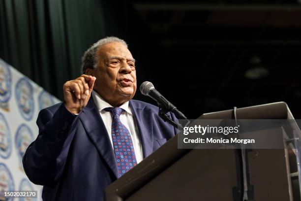 Activist/politician Andrew Young speaks during the 68th Annual Fight For Freedom Fund Dinner at Huntington Place on June 25, 2023 in Detroit,...