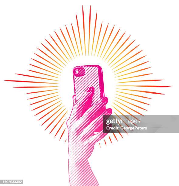 woman's hand holding smart phone - lighting technique stock illustrations