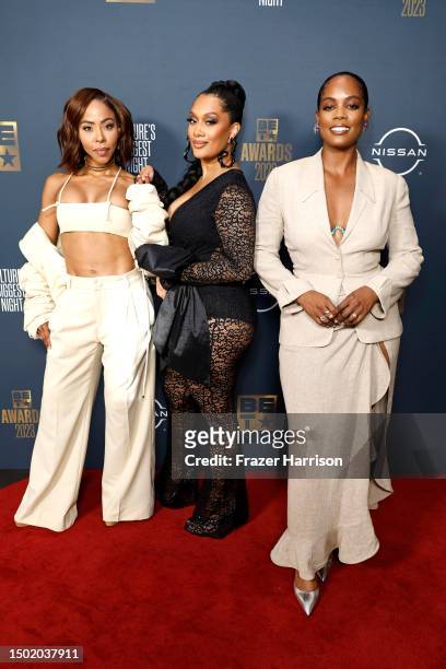 Smith, Crystal Renee Hayslett, and Novi Brown pose in the press room during the BET Awards 2023 at Microsoft Theater on June 25, 2023 in Los Angeles,...