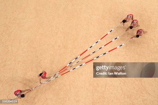 Japan perform during the Group All-Around Rhythmic Gymnastics Final Rotation 2 on Day 16 of the London 2012 Olympic Games at Wembley Arena on August...