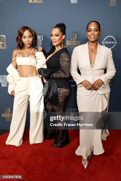 Smith, Crystal Renee Hayslett, and Novi Brown pose in the press room during the BET Awards 2023 at Microsoft Theater on June 25, 2023 in Los Angeles,...