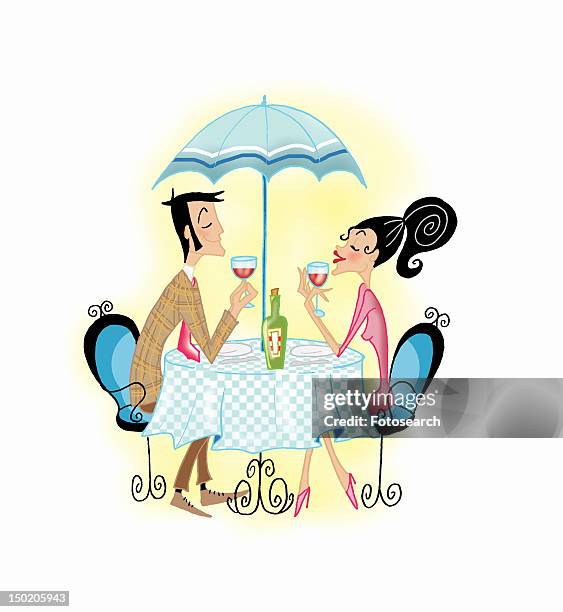 young couple at cafe drinking wine - restaurant happy couple stock illustrations