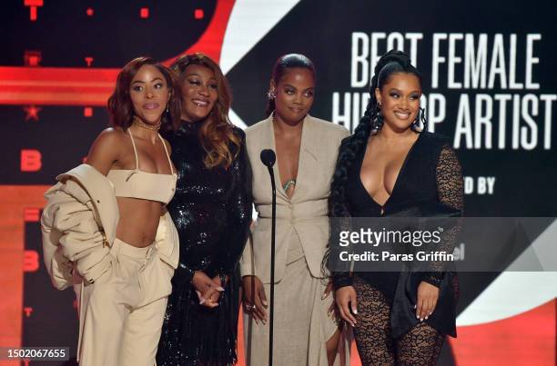 Smith, Mignon, Novi Brown, and Crystal Renee Hayslett speak onstage during the BET Awards 2023 at Microsoft Theater on June 25, 2023 in Los Angeles,...