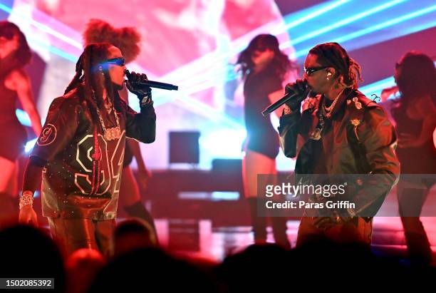 Quavo and Offset perform onstage during the BET Awards 2023 at Microsoft Theater on June 25, 2023 in Los Angeles, California.