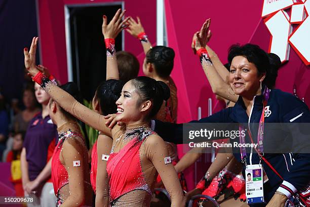 Japan look on during the Group All-Around Rhythmic Gymnastics Final Rotation 2 on Day 16 of the London 2012 Olympic Games at Wembley Arena on August...