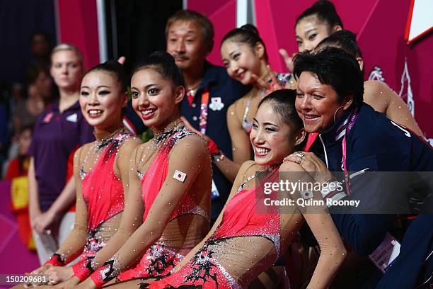 Japan look on during the Group All-Around Rhythmic Gymnastics Final Rotation 2 on Day 16 of the London 2012 Olympic Games at Wembley Arena on August...