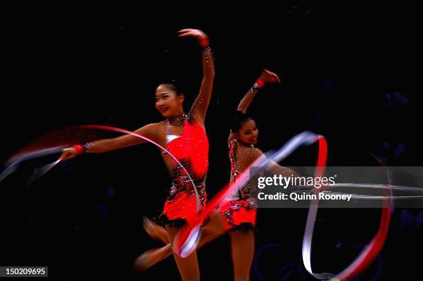 Japan perform during the Group All-Around Rhythmic Gymnastics Final Rotation 2 on Day 16 of the London 2012 Olympic Games at Wembley Arena on August...