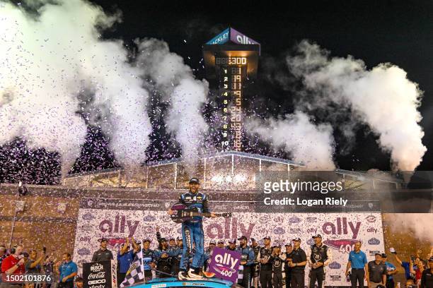 Ross Chastain, driver of the Worldwide Express Chevrolet, celebrates in victory lane after winning the NASCAR Cup Series Ally 400 at Nashville...