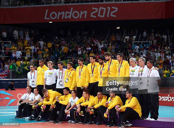 Brazil celebrates with their silver medals after the Men's Volleyball gold medal match on Day 16 of the London 2012 Olympic Games at Earls Court on...