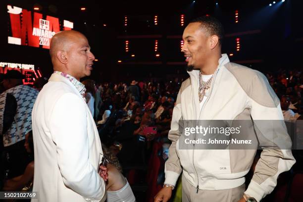 President and Chief Executive Officer of BET Media Group Scott M. Mills and G Herbo attend the BET Awards 2023 at Microsoft Theater on June 25, 2023...