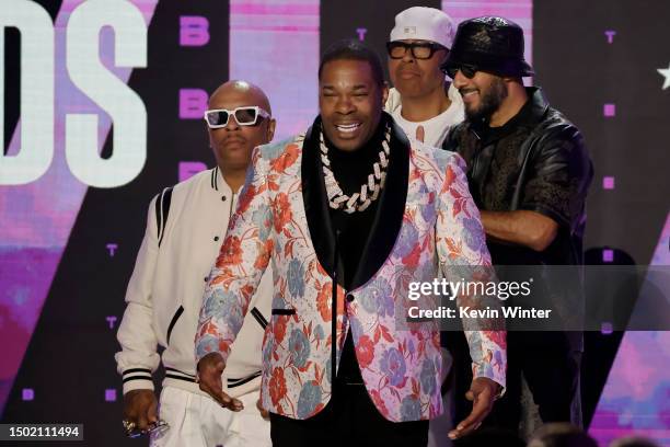 Busta Rhymes accepts the Lifetime Achievement Award from Spliff Star and Swizz Beatz onstage during the BET Awards 2023 at Microsoft Theater on June...