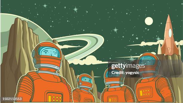 retro-pop-art-astronautenteam im weltraum poster stock illustration - gruppenfoto stock-grafiken, -clipart, -cartoons und -symbole